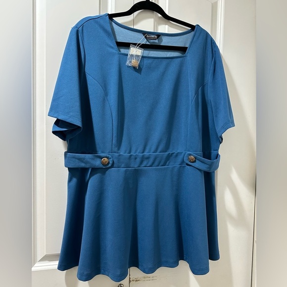 BloomChic Plus Size Square Neck Waist Tab Gathered Blouse - Picture 2 of 7